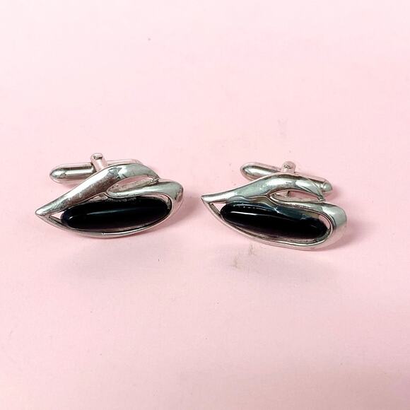 Vintage Swank Cufflinks on Silver Tone and Black Stone - Picture 4 of 4